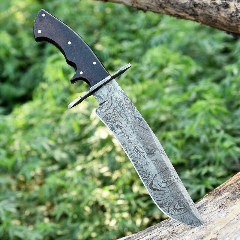 Load image into Gallery viewer, Custom Handmade 13&quot; American-Made Damascus Steel Bowie Knife with Rosewood Handle and Leather Sheath
