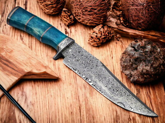 Custom Handmade 13" Damascus Steel Confederate Civil War Bowie Knife with Camel Bone Handle and Leather Sheath