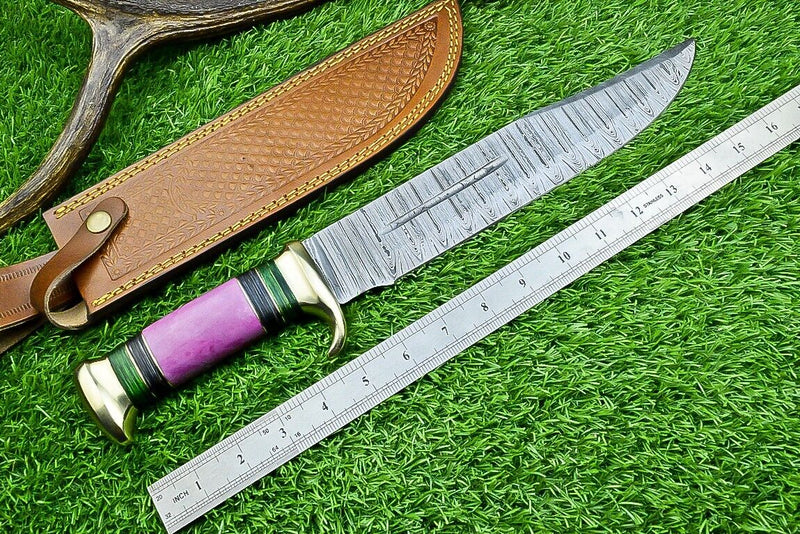 Load image into Gallery viewer, Damascus Steel &quot;The Bowie Knife&quot; - 16&quot; Blade, Brass Guard, Resin Pakkawood Handle, with Leather Sheath
