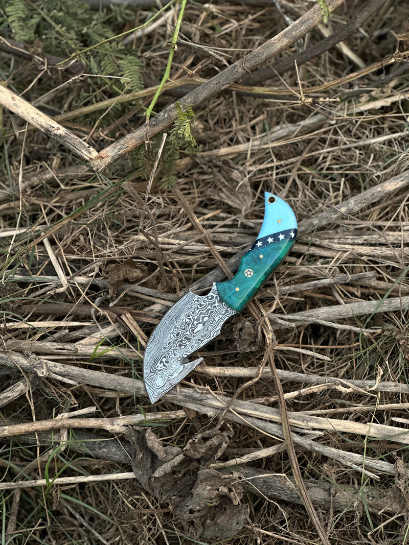 Load image into Gallery viewer, Elite Custom Handmade Damascus Steel Guthook Skinning Knife with Resin Handle - 7.5” Premium Blade with Leather Sheath
