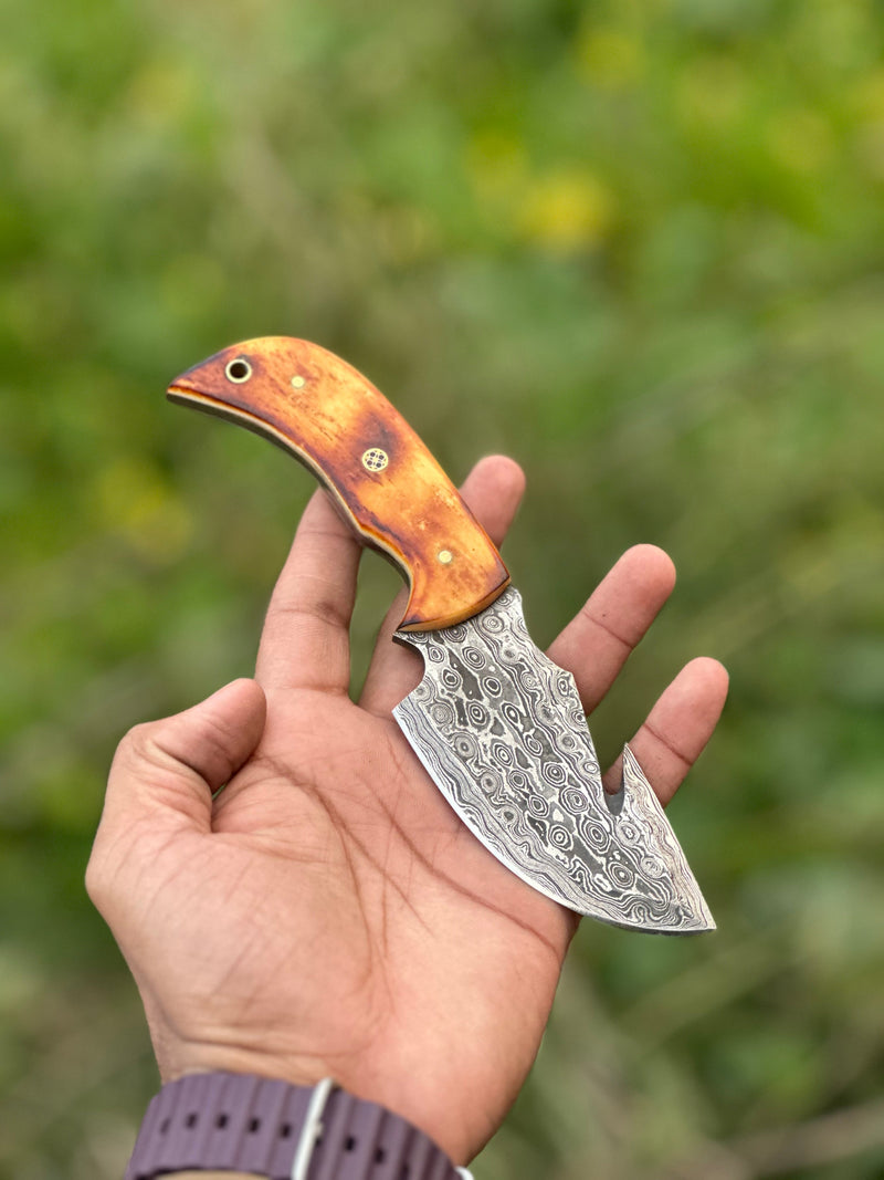 Load image into Gallery viewer, Custom Handmade Damascus Steel Guthook Skinning Knife with Camel Bone Handle - 7.5” Blade with Leather Sheath
