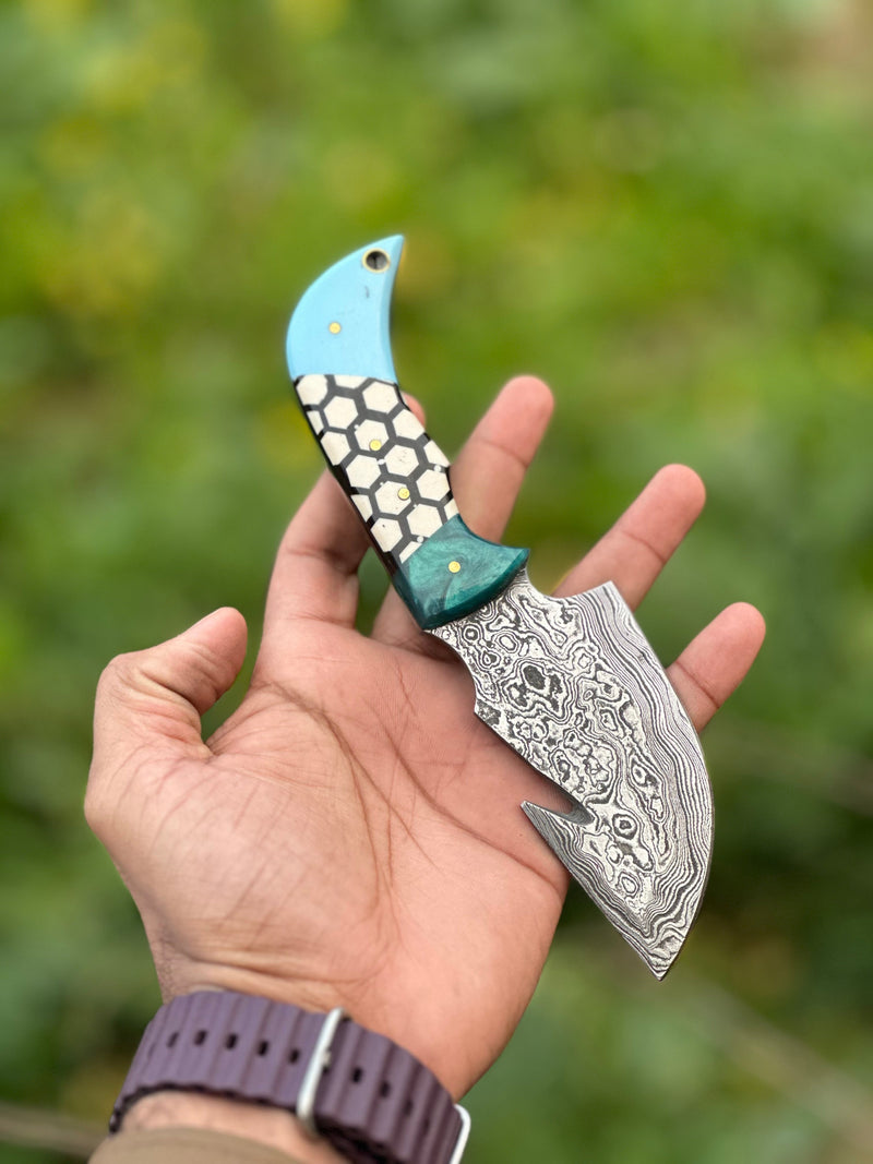 Load image into Gallery viewer, Custom Handmade Damascus Steel Guthook Skinning Knife – Resin Handle 7.5” with Leather Sheath
