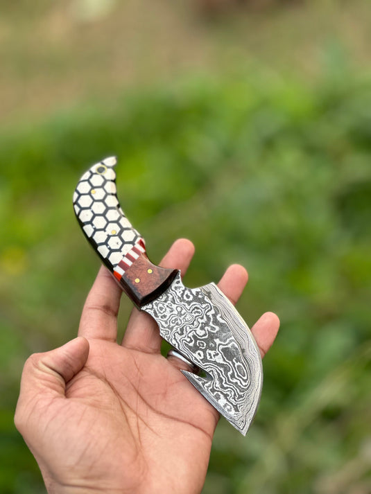 Custom Handmade Damascus Steel Guthook Skinning Knife with Rosewood & Resin Handle - 7.5” with Leather Sheath