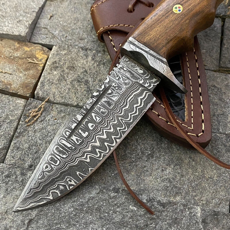 Load image into Gallery viewer, 🔥 Handmade Damascus Steel Hunting Knife – Rosewood Handle &amp; Damascus Guard + Leather Sheath
