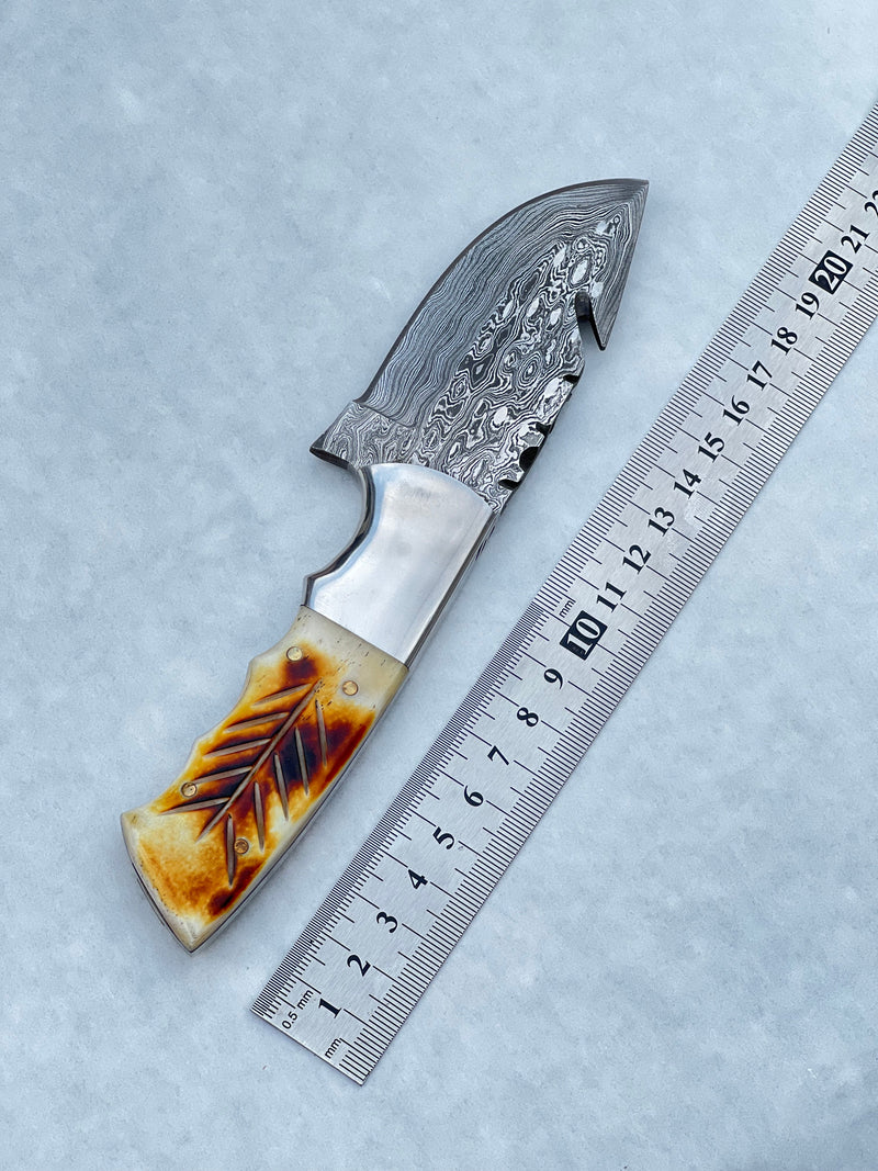 Load image into Gallery viewer, Damascus Steel Fixed Blade Knife with Camel Bone &amp; Rosewood Handle - 7.5" Custom Pocket Knife with Leather Sheath

