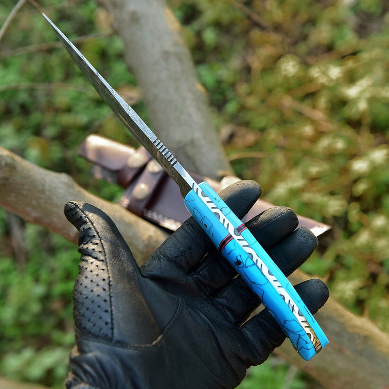 Load image into Gallery viewer, Custom Handmade Damascus Steel Hunting Knife – 10-Inch Blade with Resin Handle, Includes Leather Sheath
