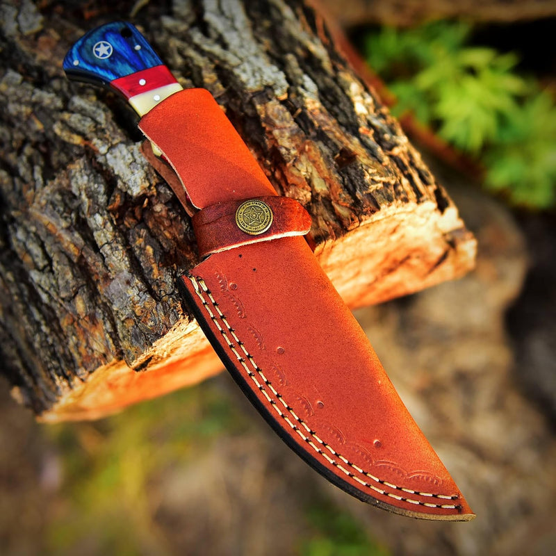 Load image into Gallery viewer, Custom Handmade Damascus Skinning Knife with American Flag Handle
