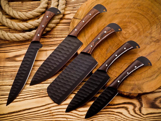 5 Pcs Kitchen Knife Sets – Forged Stainless Steel with Rosewood Handles & Leather Sheath
