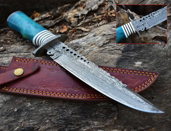 Load image into Gallery viewer, Custom Handmade 13&quot; Damascus Steel Civil War Bowie Knife with Camel Bone Handle and Leather Sheath
