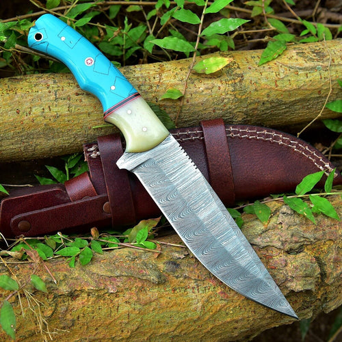 Custom Handmade Damascus Steel Hunting Knife – 10-Inch Blade with Resin Handle, Includes Leather Sheath