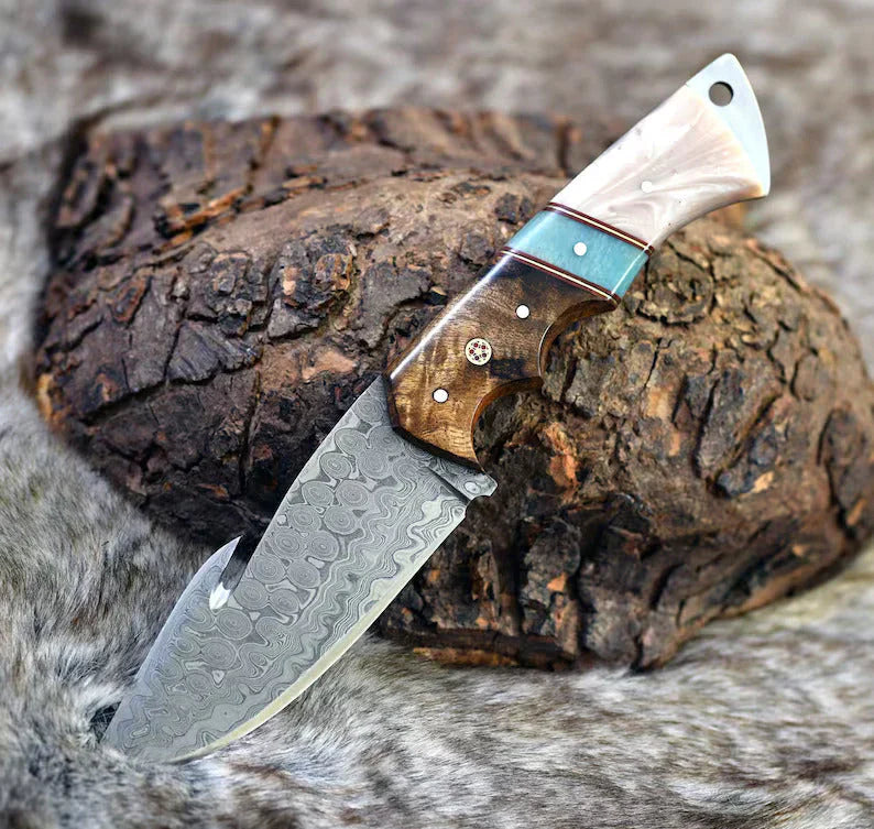 Load image into Gallery viewer, Premium Damascus Guthook Skinning Knife – Rosewood &amp; Bone Handle – 10” Hunting Essential
