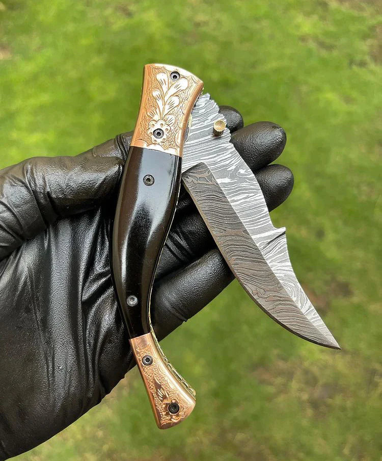 Load image into Gallery viewer, Custom Handmade Damascus Blade EDC Folding Pocket Knife with Color Bone Handle &amp; Brass Engraved Bolster - Includes Leather Sheath
