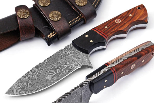 Custom Handmade Damascus Skinner Knife with Buffalo Horn and Rosewood Handle - 4.5