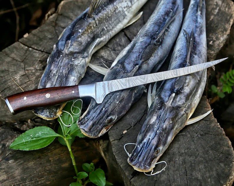 Load image into Gallery viewer, Custom Handmade Damascus Steel Fillet Knife – 13" Rosewood Handle with Leather Sheath
