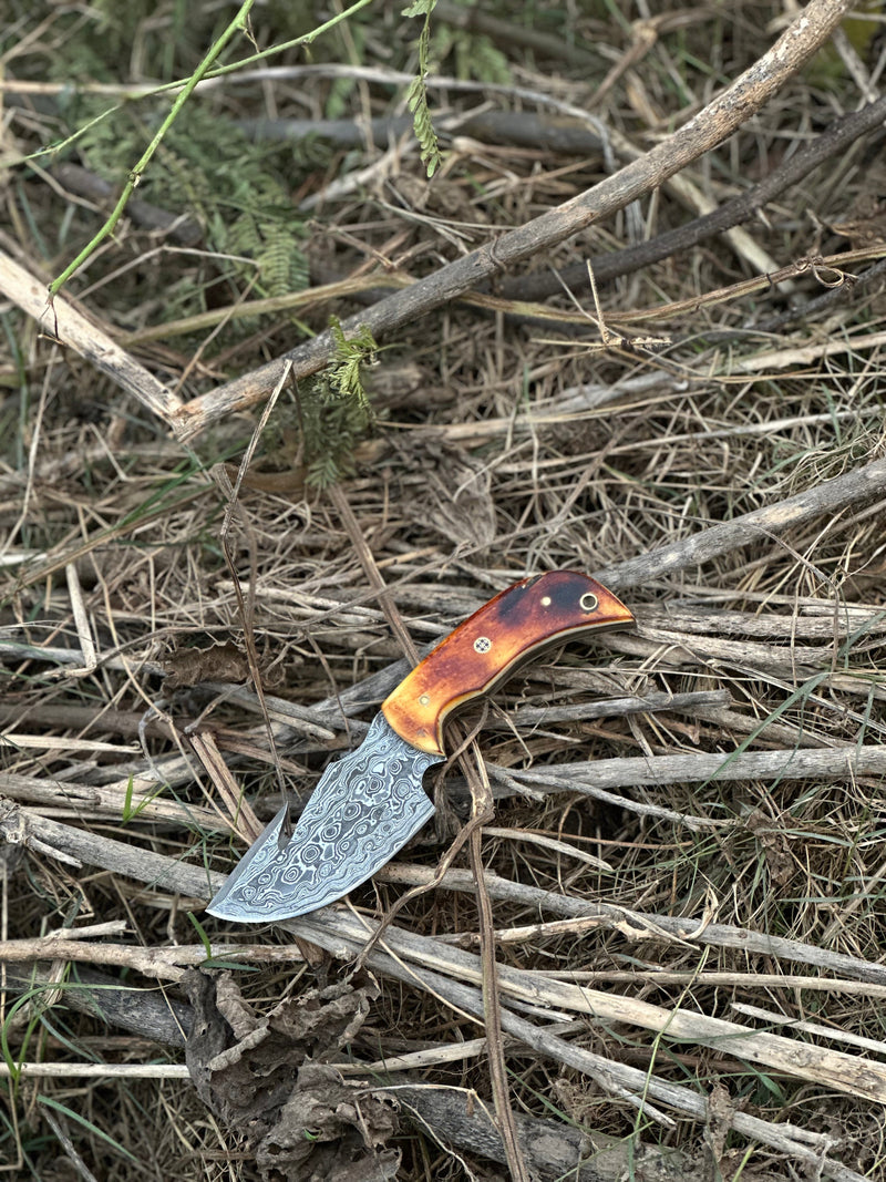 Load image into Gallery viewer, Custom Handmade Damascus Steel Guthook Skinning Knife with Camel Bone Handle - 7.5” Blade with Leather Sheath
