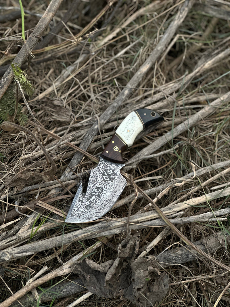 Load image into Gallery viewer, Custom Handmade Damascus Steel Guthook Skinning Knife with Rosewood, Camel Bone &amp; Black Sheet Handle - 7.5” with Leather Sheath
