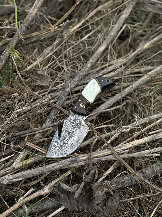 Custom Handmade Damascus Steel Guthook Skinning Knife with Rosewood, Camel Bone & Black Sheet Handle - 7.5” with Leather Sheath