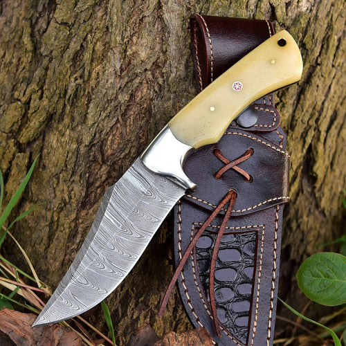 Premium Damascus Steel Skinner Knife – Custom Handmade with Camel Bone Handle