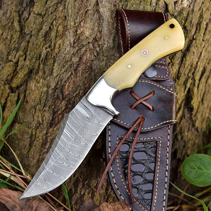 Load image into Gallery viewer, Premium Damascus Steel Skinner Knife – Custom Handmade with Camel Bone Handle
