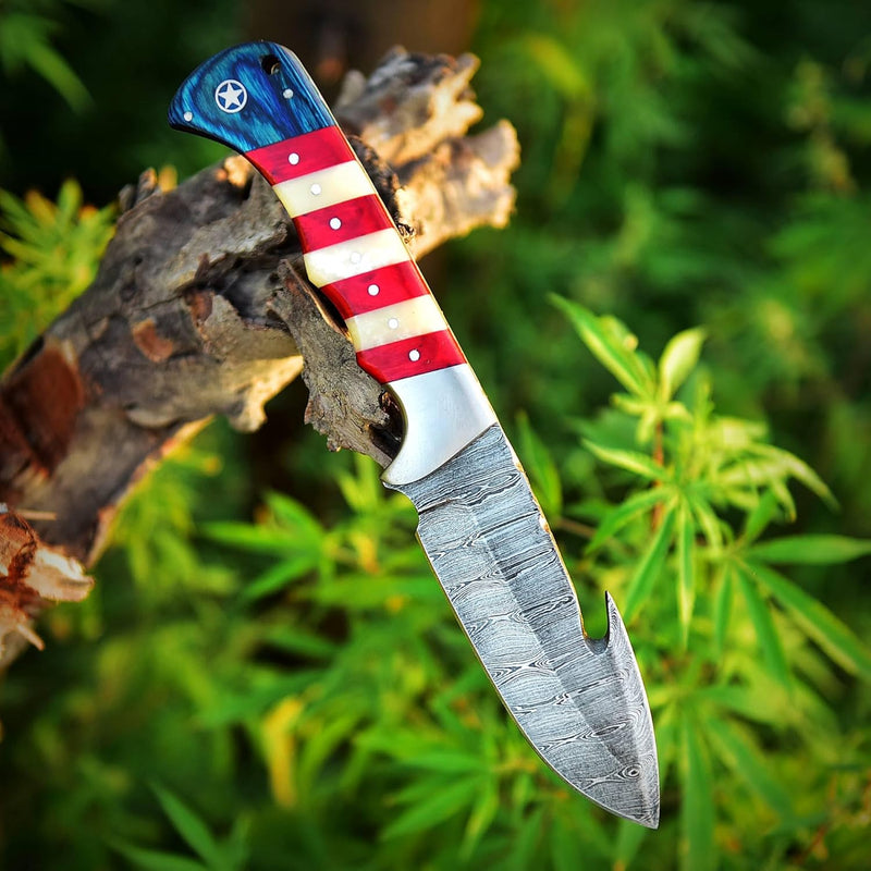 Load image into Gallery viewer, Custom Handmade Damascus Skinning Knife with American Flag Handle
