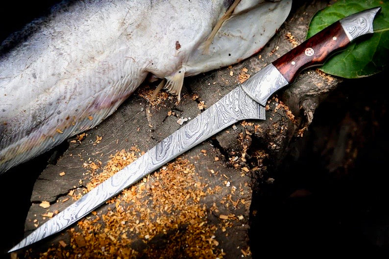 Load image into Gallery viewer, Handmade Damascus Steel Fish Fillet Knife – 13” Rosewood Handle &amp; Leather Sheath
