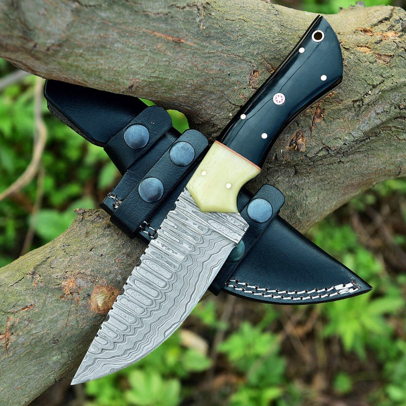 Load image into Gallery viewer, Custom Handmade Skinning Knife - Damascus Steel Blade, Buffalo Horn &amp; Camel Bone Handle
