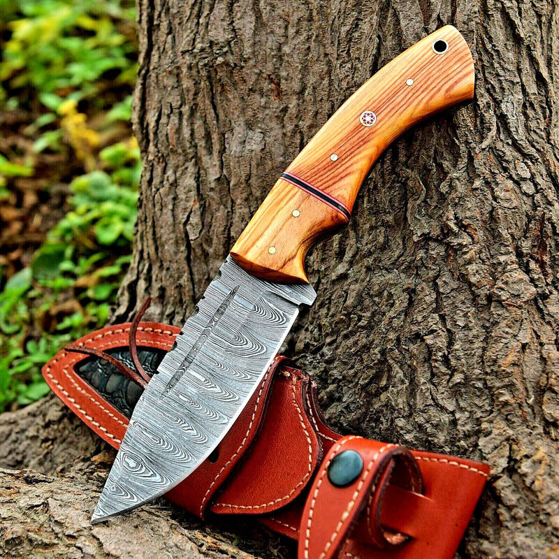 Load image into Gallery viewer, Custom Handmade 10&quot; Damascus Steel Hunting Knife with Olive Wood Handle &amp; Leather Sheath
