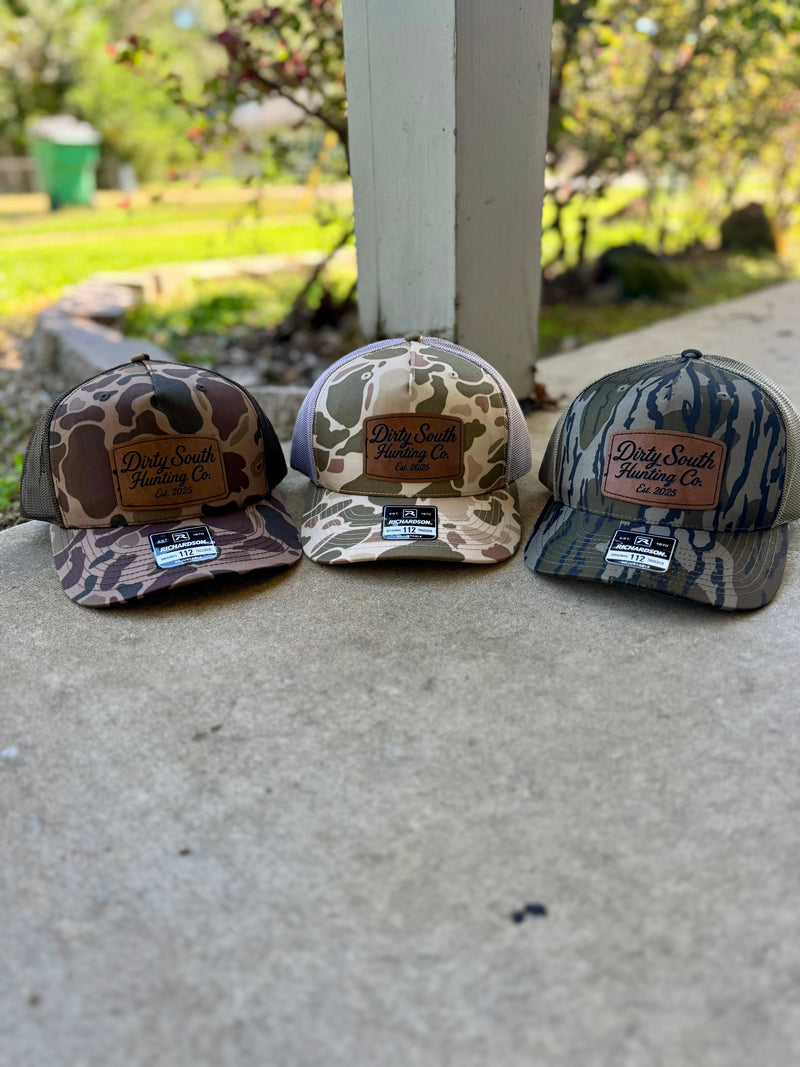 Load image into Gallery viewer, Dirty South Hunting Co. Laser Engraved Leather Patch Hats – Harvest Duck Camo
