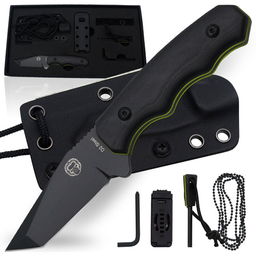 The Wakizashi Survival Neck Knife Giftset for Outdoors (Black Blade + Green Liner)