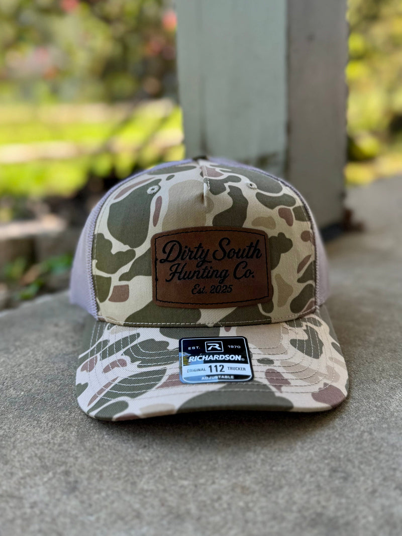 Load image into Gallery viewer, Dirty South Hunting Co. Laser Engraved Leather Patch Hats – Harvest Duck Camo
