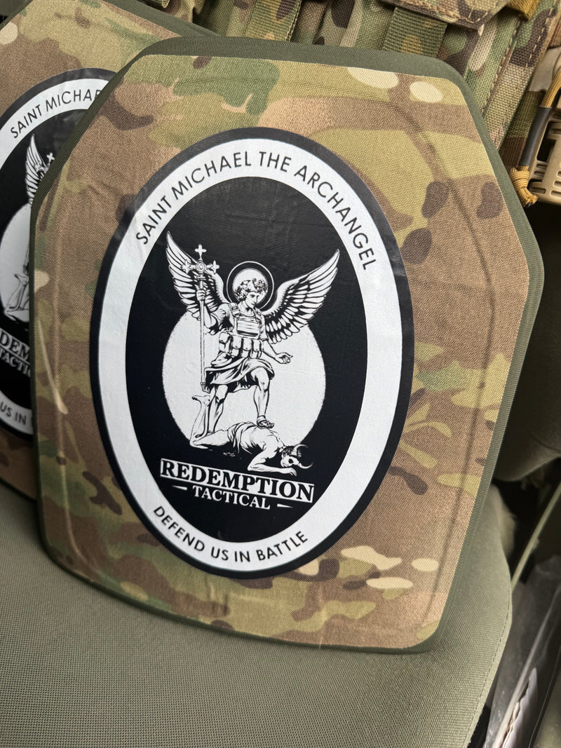 Load image into Gallery viewer, St Michael Archangel Plates Pair of 10x12 Level IV Ceramic PE Plates Ballistic FRONT AND BACK (SIZE SMALL to LARGE) Curved with Shooters Cut
