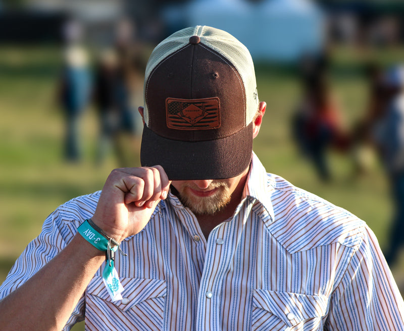 Load image into Gallery viewer, “American Skull Buck” Trucker Hat – Classic Leather Patch | Brown &amp; Tan Western Hunting Cap | Westrek
