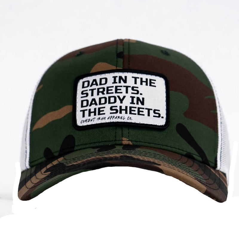 Load image into Gallery viewer, Dad In The Streets. Daddy In The Sheets. White Patch Snapback Hat
