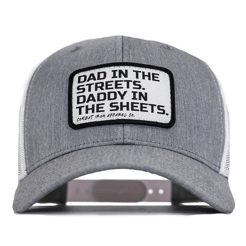 Load image into Gallery viewer, Dad In The Streets. Daddy In The Sheets. White Patch Snapback Hat
