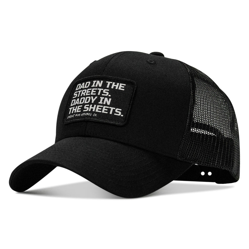 Load image into Gallery viewer, Dad In The Streets. Daddy In The Sheets. Black Patch Snapback Hat
