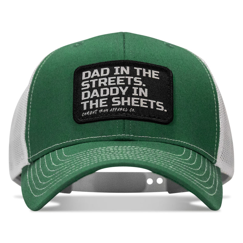 Load image into Gallery viewer, Dad In The Streets. Daddy In The Sheets. Black Patch Snapback Hat
