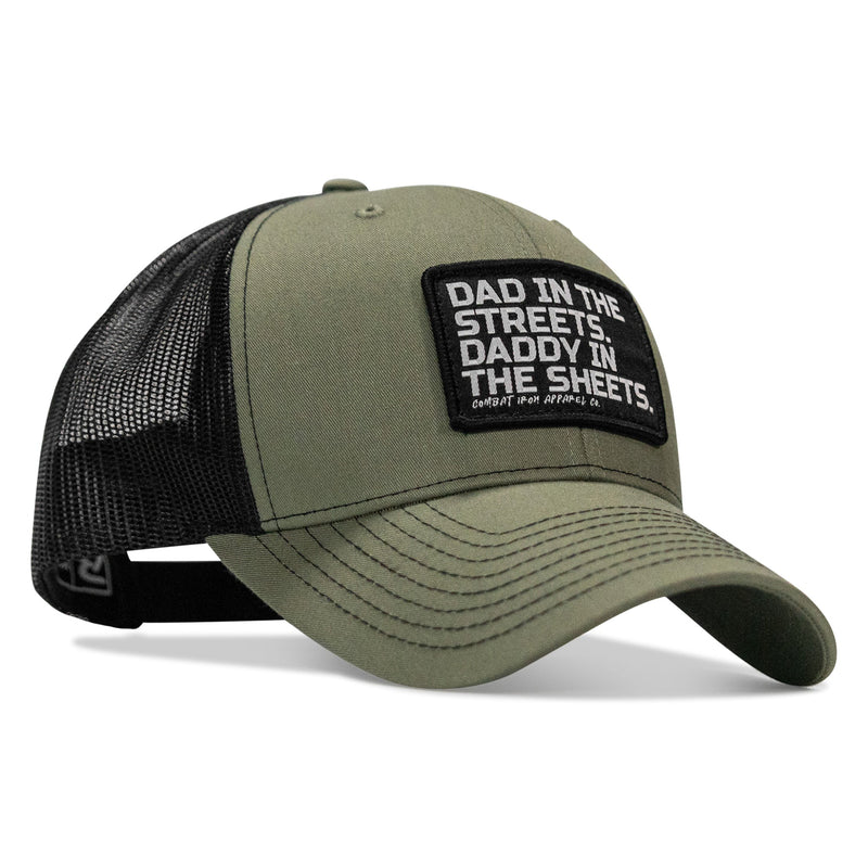Load image into Gallery viewer, Dad In The Streets. Daddy In The Sheets. Black Patch Snapback Hat
