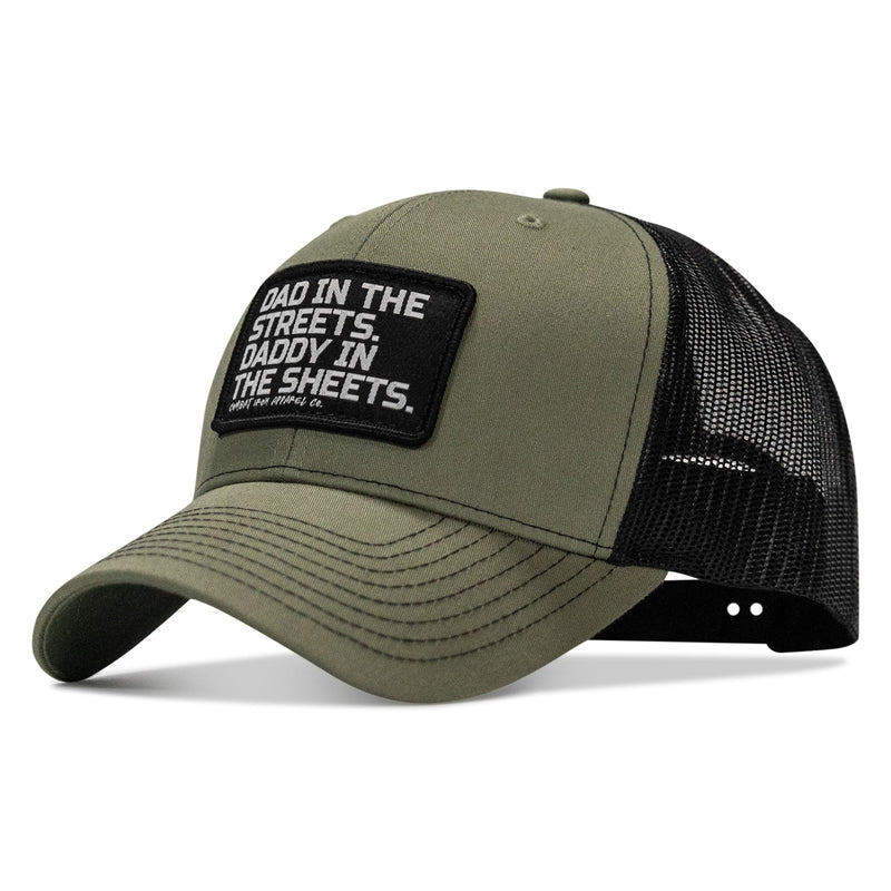Load image into Gallery viewer, Dad In The Streets. Daddy In The Sheets. Black Patch Snapback Hat
