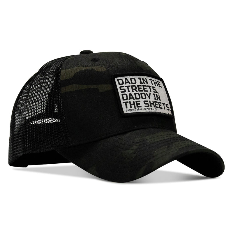 Load image into Gallery viewer, Dad In The Streets. Daddy In The Sheets. White Patch Snapback Hat
