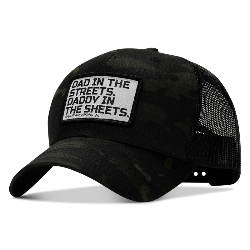 Load image into Gallery viewer, Dad In The Streets. Daddy In The Sheets. White Patch Snapback Hat
