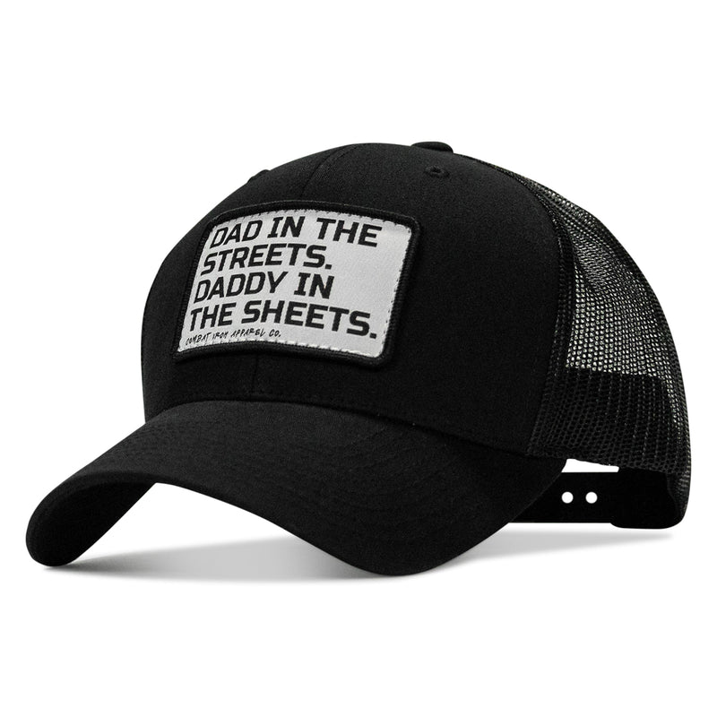 Load image into Gallery viewer, Dad In The Streets. Daddy In The Sheets. White Patch Snapback Hat
