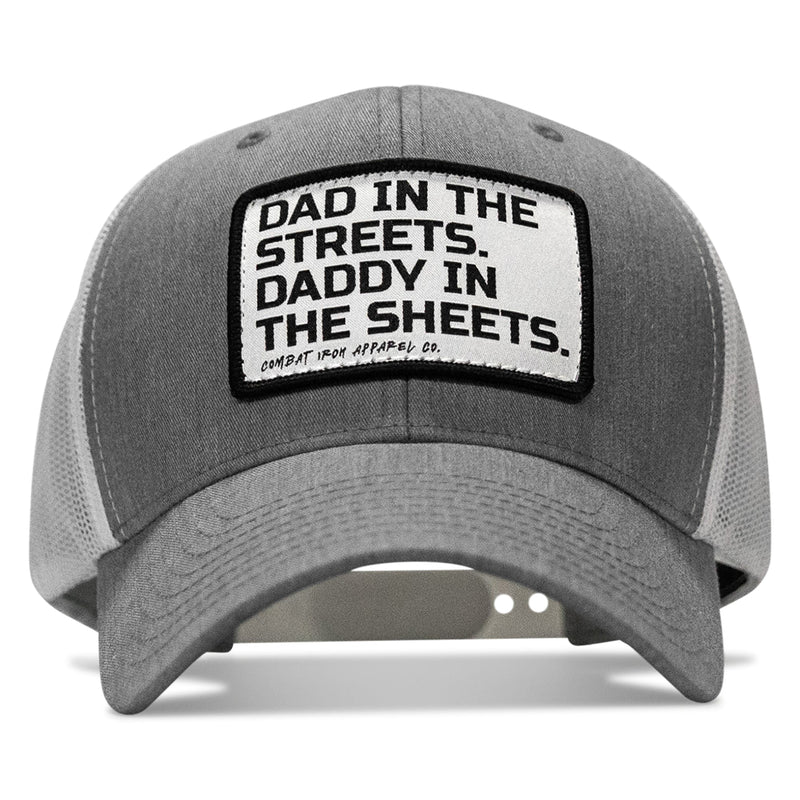 Load image into Gallery viewer, Dad In The Streets. Daddy In The Sheets. White Patch Snapback Hat
