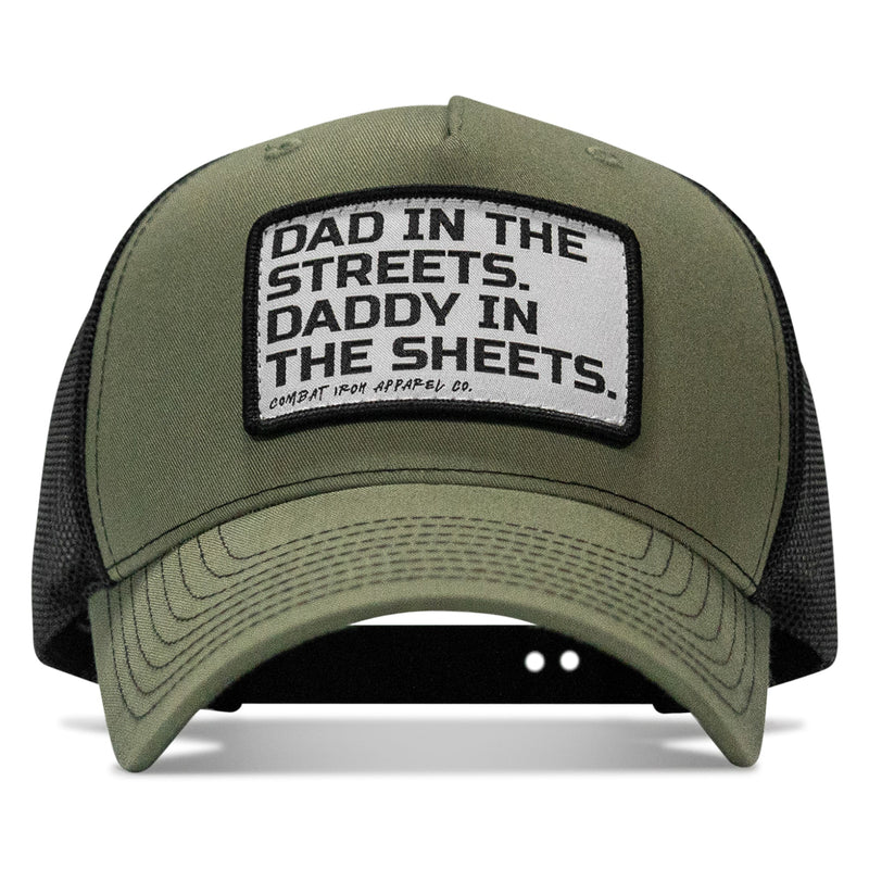 Load image into Gallery viewer, Dad In The Streets. Daddy In The Sheets. White Patch Snapback Hat
