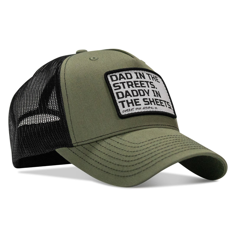 Load image into Gallery viewer, Dad In The Streets. Daddy In The Sheets. White Patch Snapback Hat
