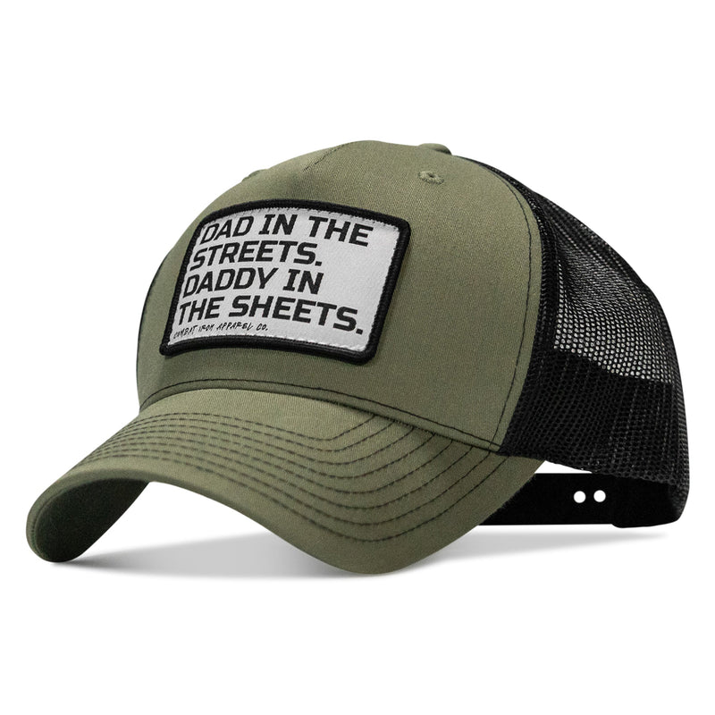 Load image into Gallery viewer, Dad In The Streets. Daddy In The Sheets. White Patch Snapback Hat
