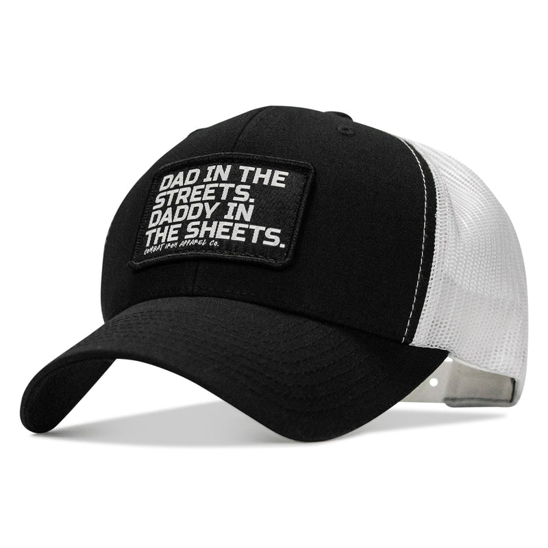 Load image into Gallery viewer, Dad In The Streets. Daddy In The Sheets. Black Patch Snapback Hat
