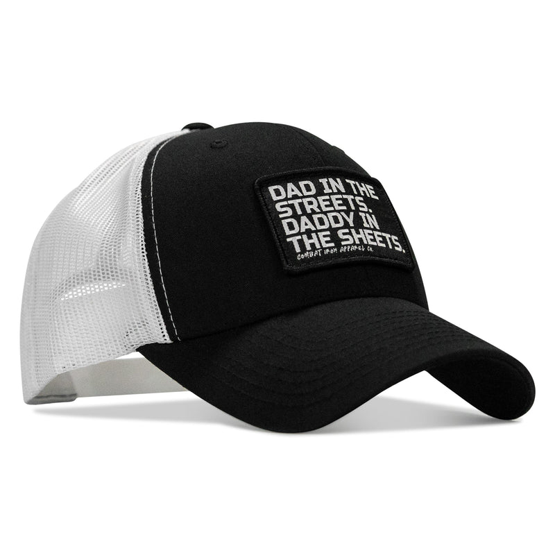 Load image into Gallery viewer, Dad In The Streets. Daddy In The Sheets. Black Patch Snapback Hat

