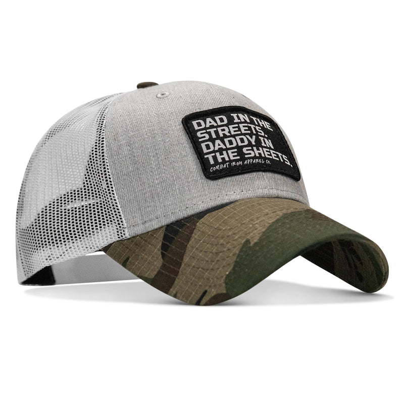 Load image into Gallery viewer, Dad In The Streets. Daddy In The Sheets. Black Patch Snapback Hat
