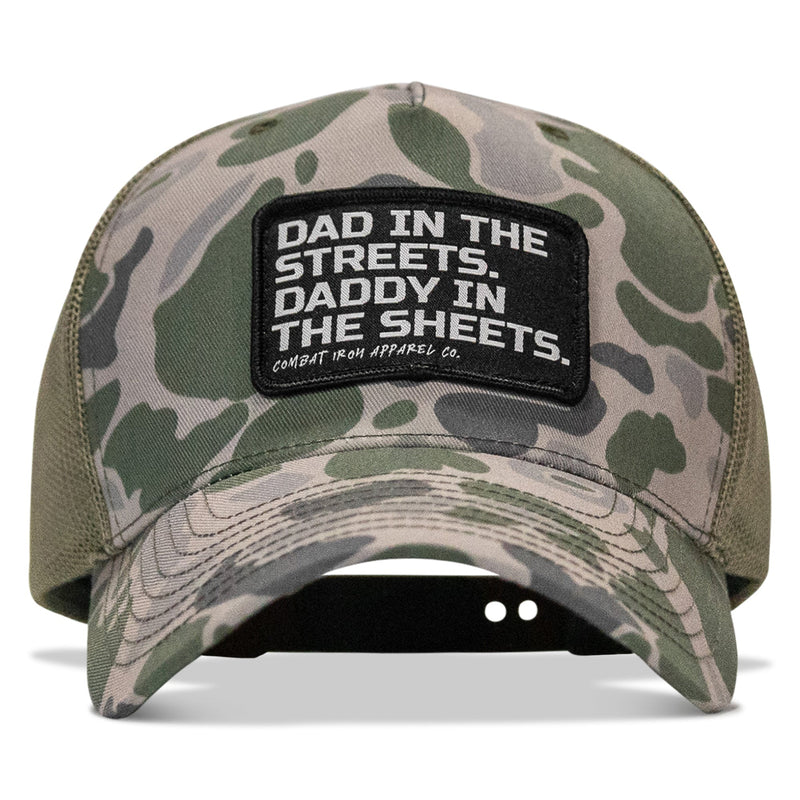 Load image into Gallery viewer, Dad In The Streets. Daddy In The Sheets. Black Patch Snapback Hat
