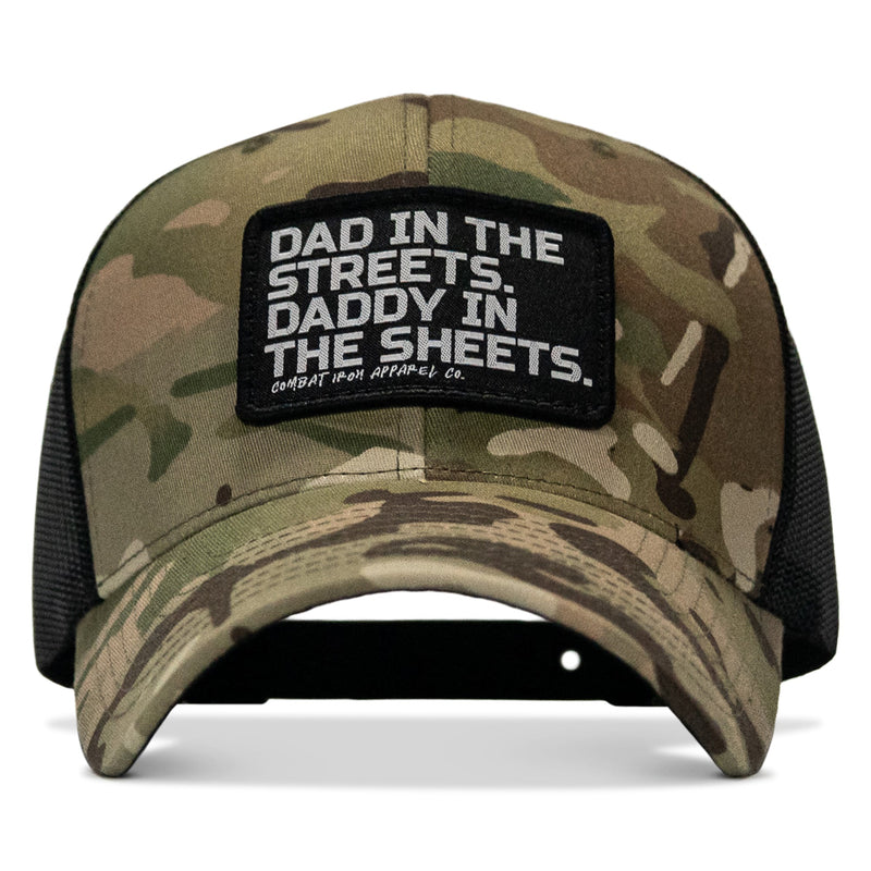Load image into Gallery viewer, Dad In The Streets. Daddy In The Sheets. Black Patch Snapback Hat
